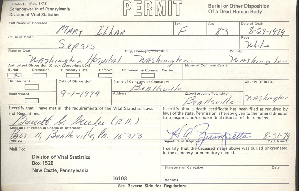 Mary Illar burial permit